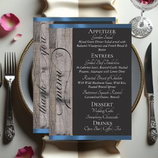 Menu Tableau noir sur bois, Cœur et Merci - Bleu