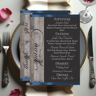 Menu Tableau noir sur bois, Cœur et Merci - Bleu foncé