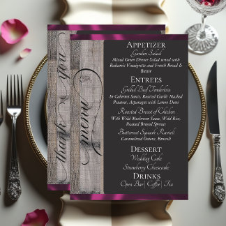 Menu Tableau noir sur bois, cœur et merci - prune