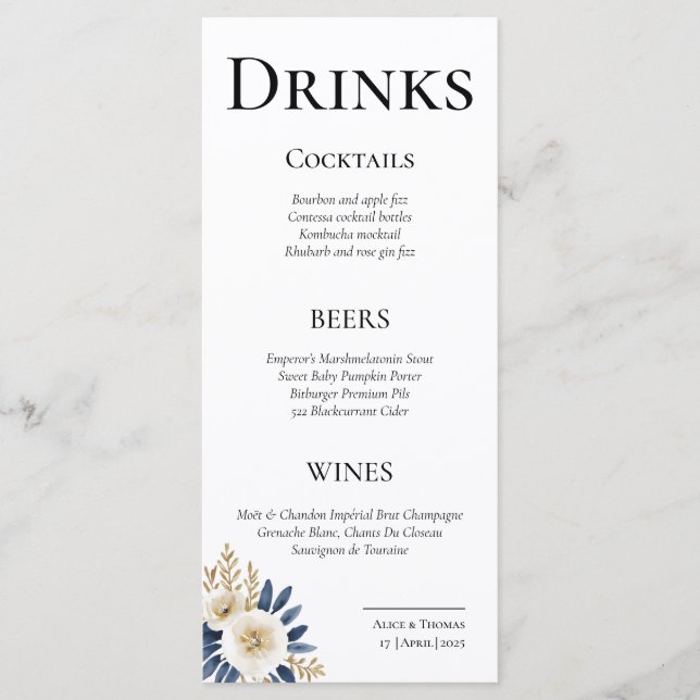 Menu Tarjetas de Menú Cheers Couple Floral Blue Gold (Devant)