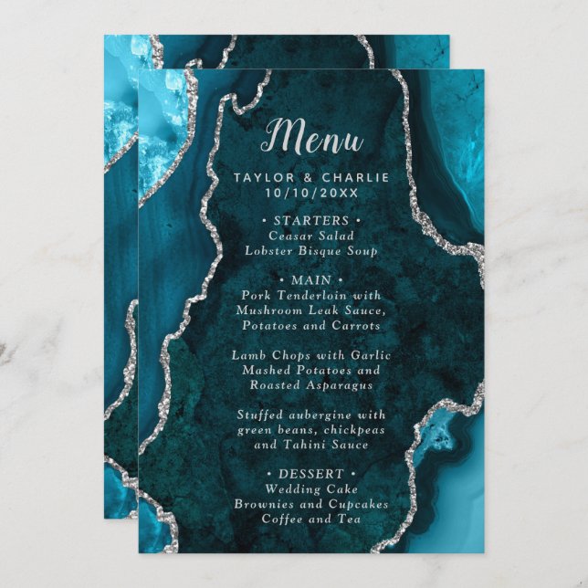 Menu Teal Blue and Silver Agate Marble Wedding (Devant / Derrière)