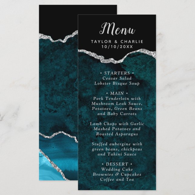 Menu Teal Blue and Silver Agate Marble Wedding (Devant / Derrière)