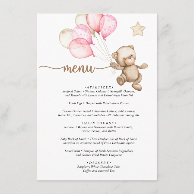 Menu Teddy Bear Baby Bear Baby Shower  (Front)
