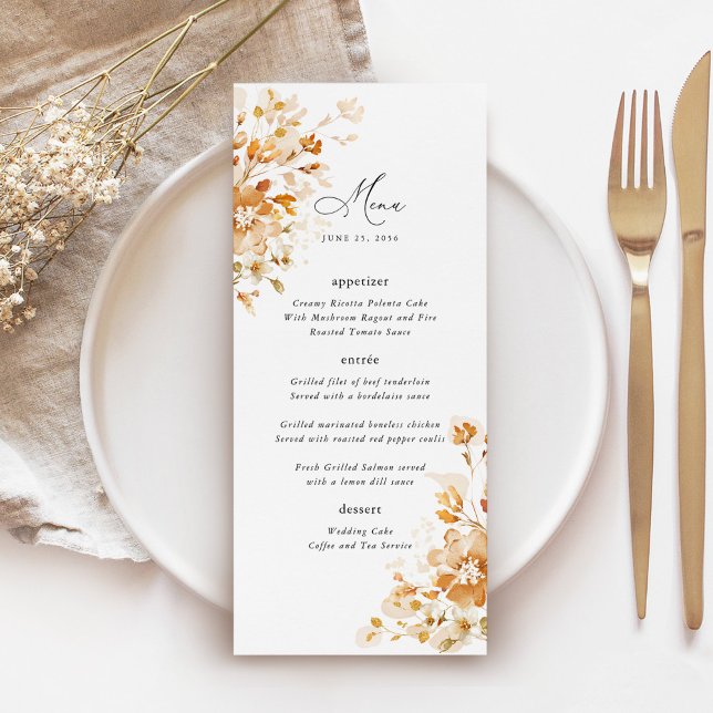 Menu Terracotta Floral Elegant Wedding Reception Dinner (Terracotta floral wedding menu with elegant script, burnt orange watercolor, reception table setting)