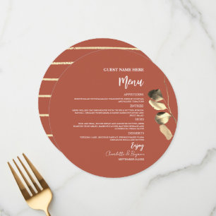Menu Terracotta Orange Gold Eucalyptus Mariage rond