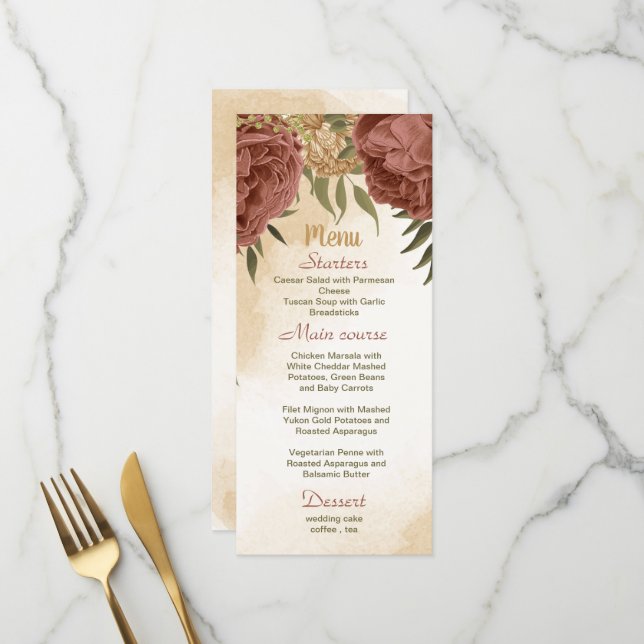 Menu terre cuite tonalité de terre mariage vert fleuri (Devant/Arrière en situation)