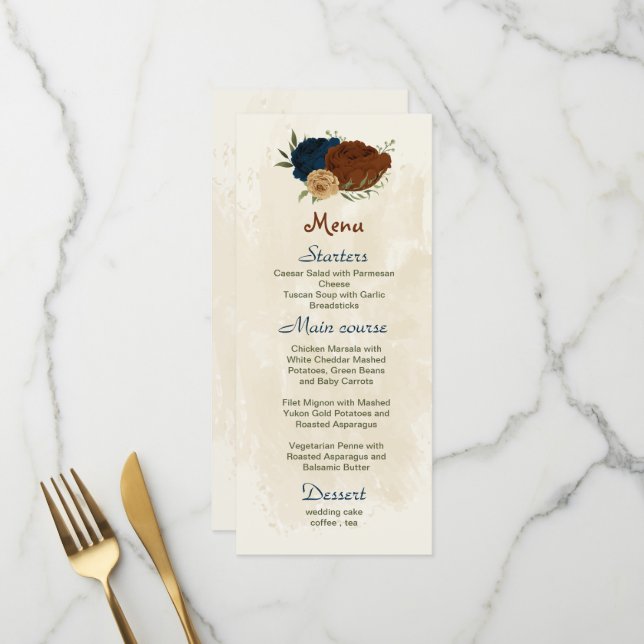 Menu terre cuite tonalité marine floral vert mariage (Devant/Arrière en situation)