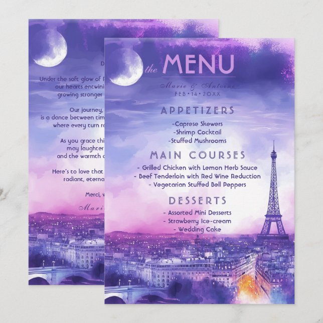 Menu + texte charmant Amour Éternel  (Devant / Derrière)