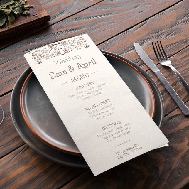 Menu Thème Brown Floral Mariage (Let your wedding dinner menu card speak more about your theme)