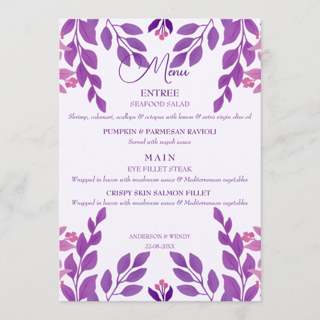 Menu Thème Mariage Feuille violet (Devant)