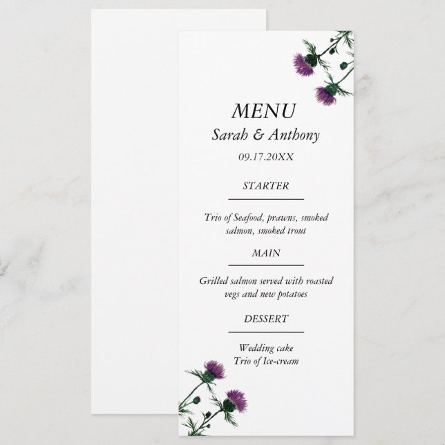 Menu Thistère Ecosse Floral Aquarelle Mariage (Devant / Derrière)
