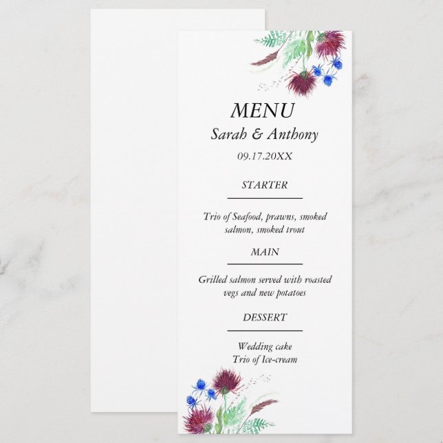 Menu Thistère Ecosse Floral Aquarelle Mariage (Devant / Derrière)