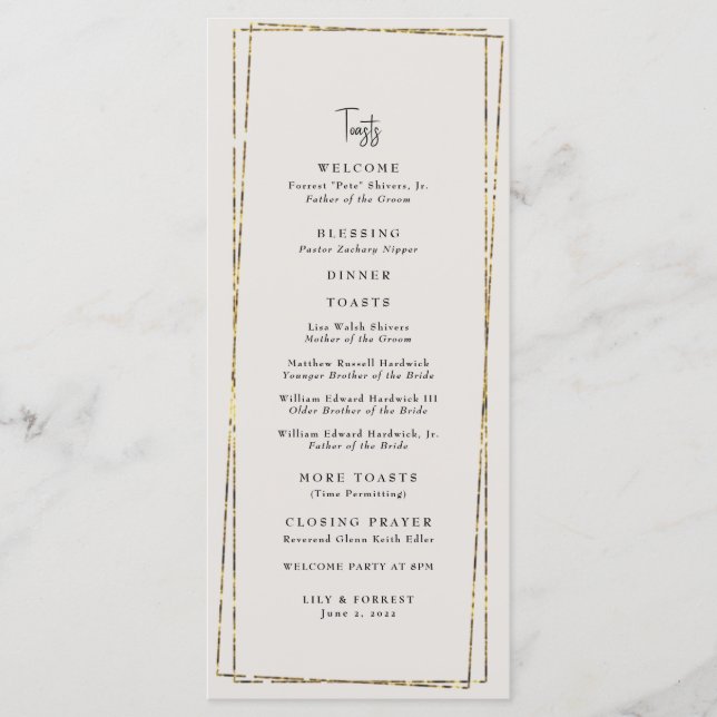 Menu Toasts Mariages élégants et neutres en or (Devant)