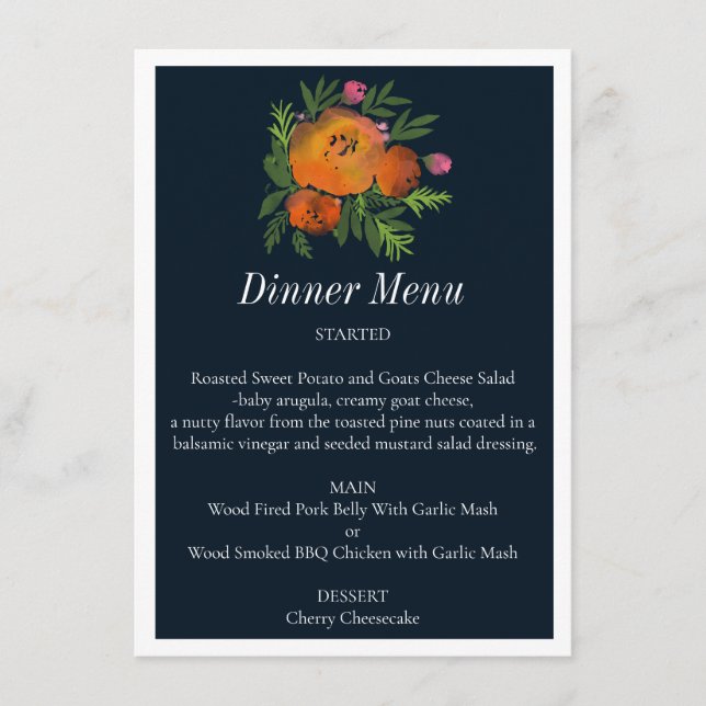 Menu Tons Terre Brûlé Orange Marine Floral Mariage (Devant)
