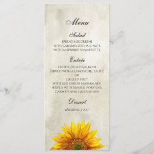 Menu Tournesol. Carte de menu de dîner de mariage
