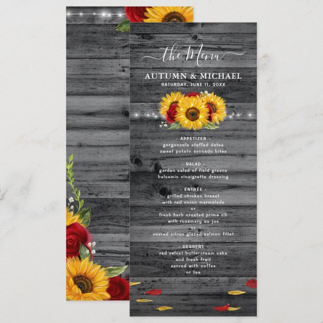Menu Tournesol en bois rustique et Mariage de rose roug (Devant / Derrière)