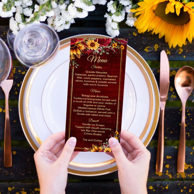 Menu tournesol rose mariage de automne (Sunflower wedding theme menu cards Fall burgundy roses sunflowers printed menu personalized decor)