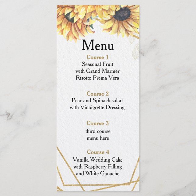 Menu Tournesol Rustique élégant Mariage géométrique or (Devant)