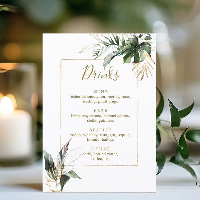 Menu Tropical Foliage Gold & Green Mariage Bar Boissons (Créateur téléchargé)