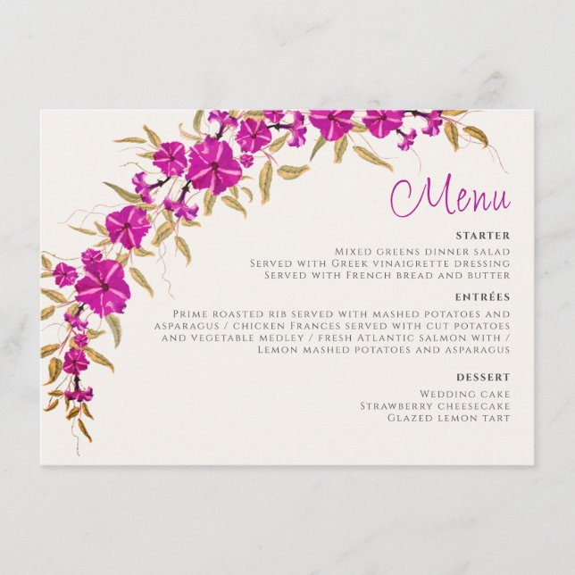 Menu Trumpet sauvage violet Vin Fleur Jardin Mariage (Devant)