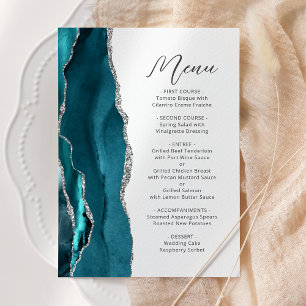 Menu Turquoise Blue Silver Agate Modern Script Mariage