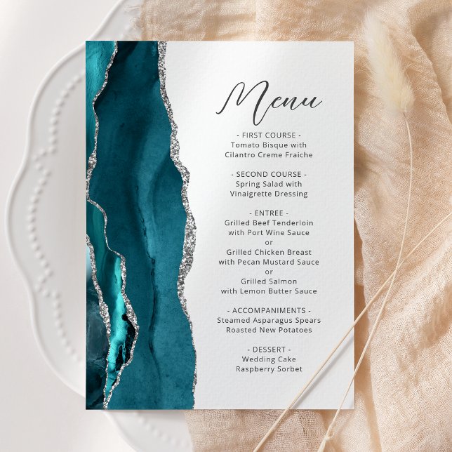 Menu Turquoise Blue Silver Agate Modern Script Mariage (Créateur téléchargé)