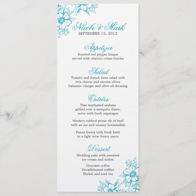 Menu Turquoise Floral Letterpress Style Mariage (Devant)
