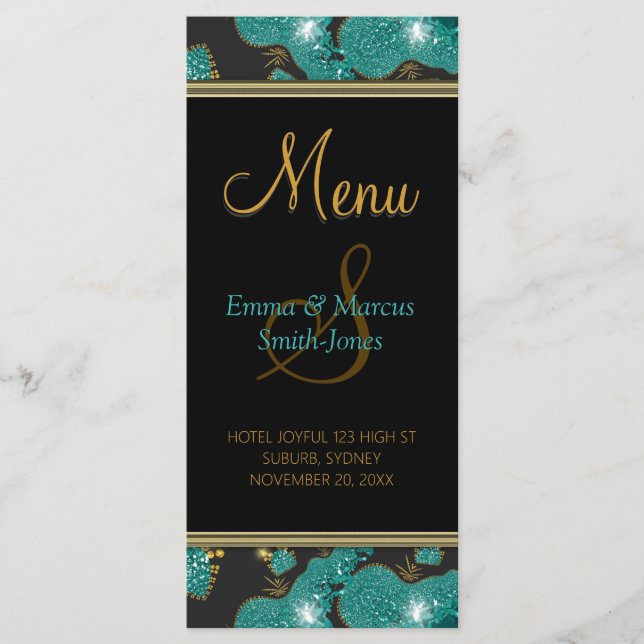 Menu Turquoise Gold Sparkly Coral Beach Night Mariage M (Devant)