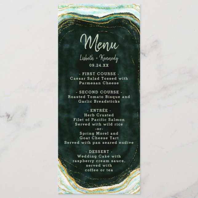 Menu Turquoise Green & Gold Agate Marble Geode Rock Dîn (Devant)