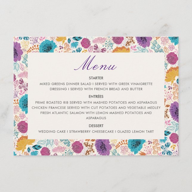 Menu Turquoise Purple Jaune Fleurs de prairie de printe (Devant)