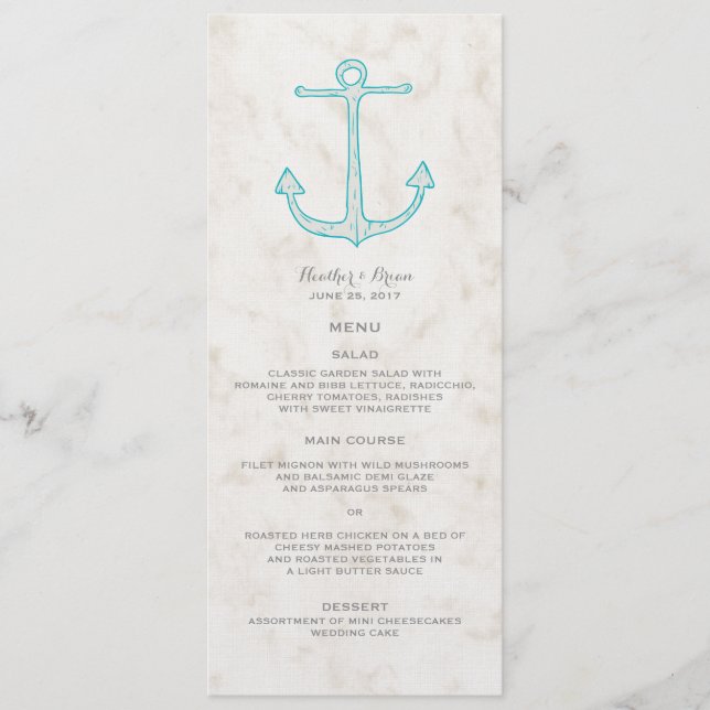 Menu turquoise Rustic Ancre Mariage (Devant)