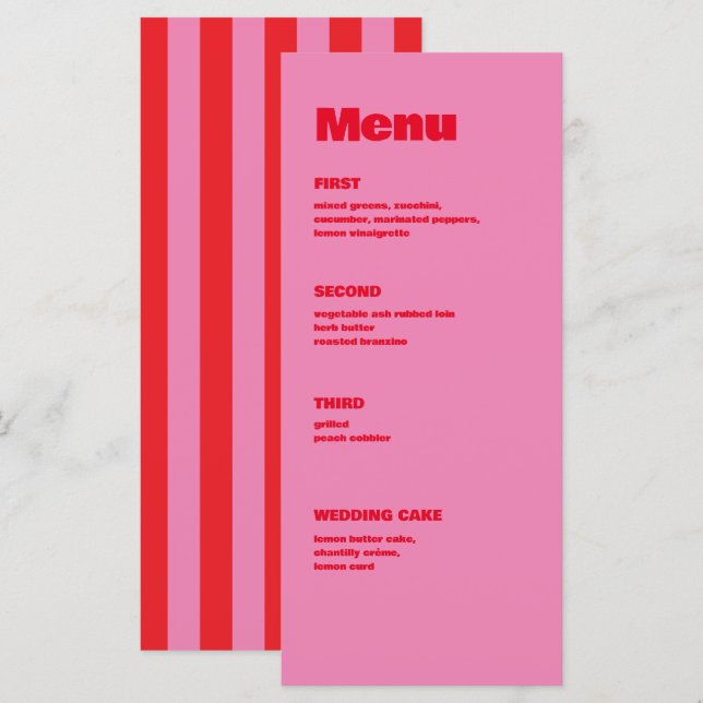 Menu Typographie audacieuse, mariage rose et rouge (Devant / Derrière)