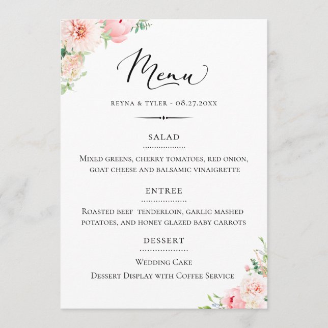 Menu Typographie chic Blush rose Mariage floral (Devant)
