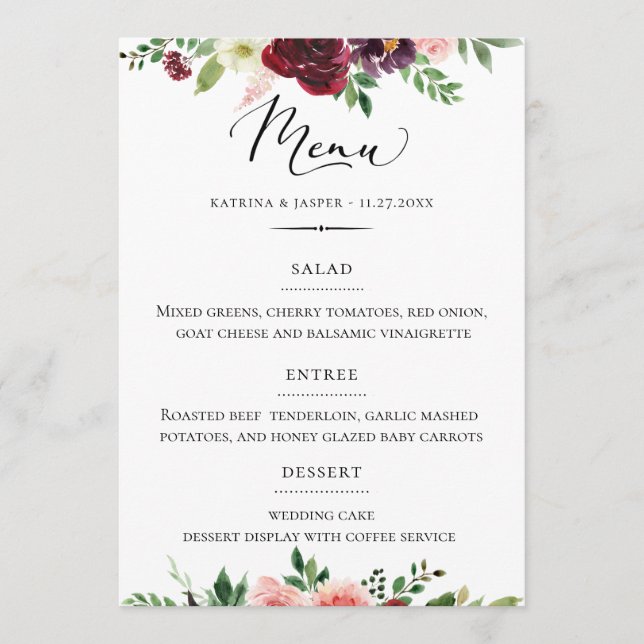 Menu Typographie chic Burgundy Blush Floral Mariage (Devant)