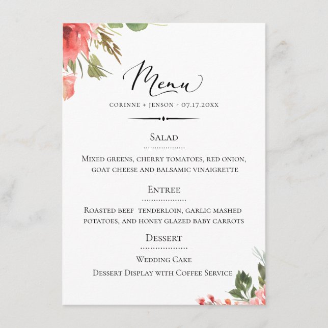 Menu Typographie chic Coral Floral Mariage (Devant)