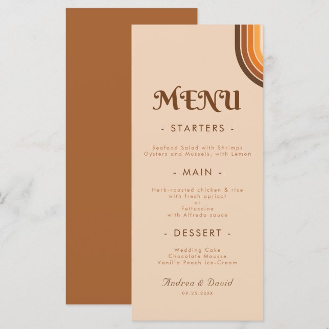 Menu Typographie des années 70 Arc-en-ciel Mariage Crea (Devant / Derrière)
