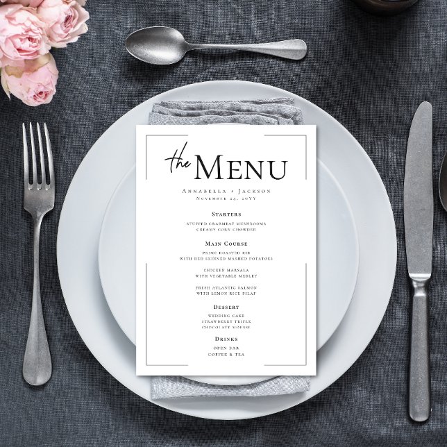 Menu Typographie minimale Mariage noir et blanc (Minimal Typography Black & White Wedding Menu)