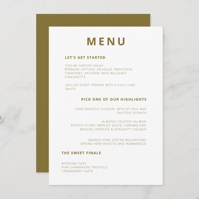 Menu Typographie minimale unique Mariage vert olive (Devant / Derrière)