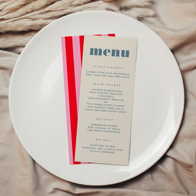 Menu Typographie moderne chic gras Mariage simple (Modern Chic Bold Typography Simple Wedding Menu with pink and red stripes on backside)
