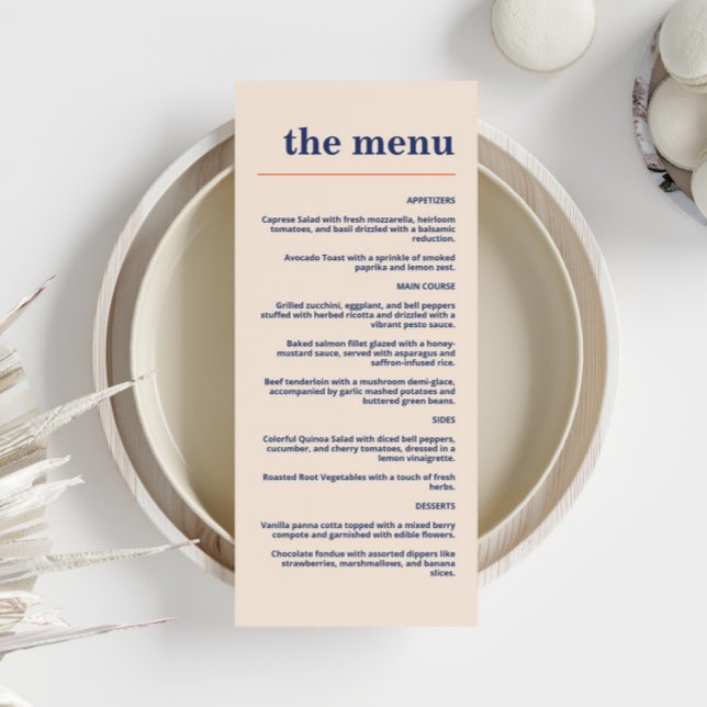 Menu Typographie moderne Gras Mariage Marine Apricot Or (Créateur téléchargé)