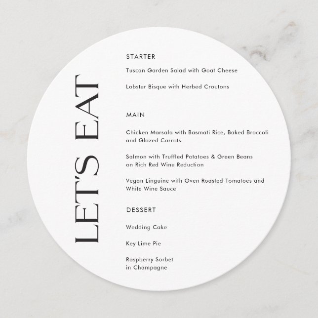 Menu Typographie moderne noir blanc Mangeons le Mariage (Devant)