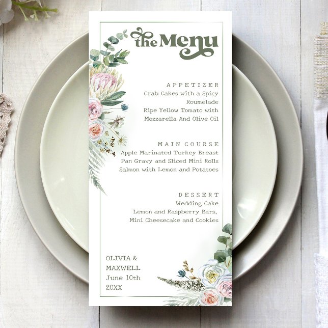 Menu Typographie rétro Floral Boho Sage Mariage vert (Créateur téléchargé)