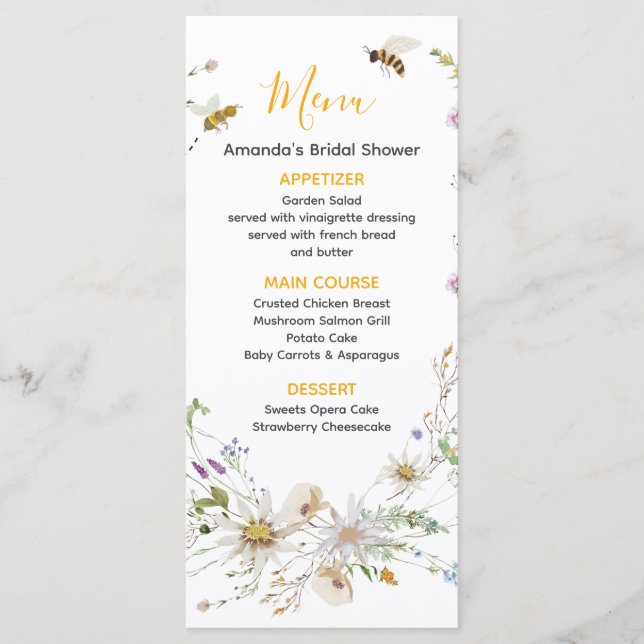Menu Un petit Baby shower Fleur sauvage d'abeilles à mi (Devant)