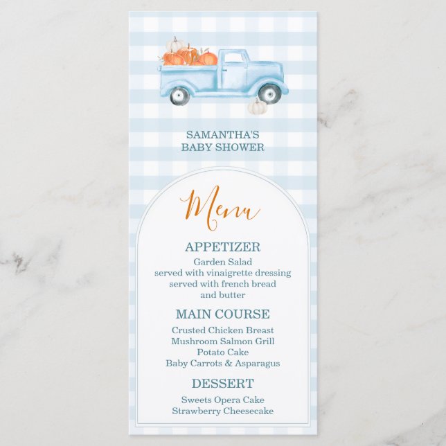 Menu Un Petit Camion Bleu Citrouille En vichy Baby show (Devant)