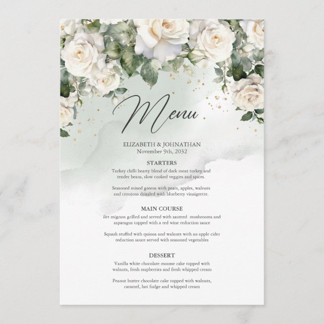 Menu Unique Elégant Roses Blanches Floral Jardin vert (Devant)