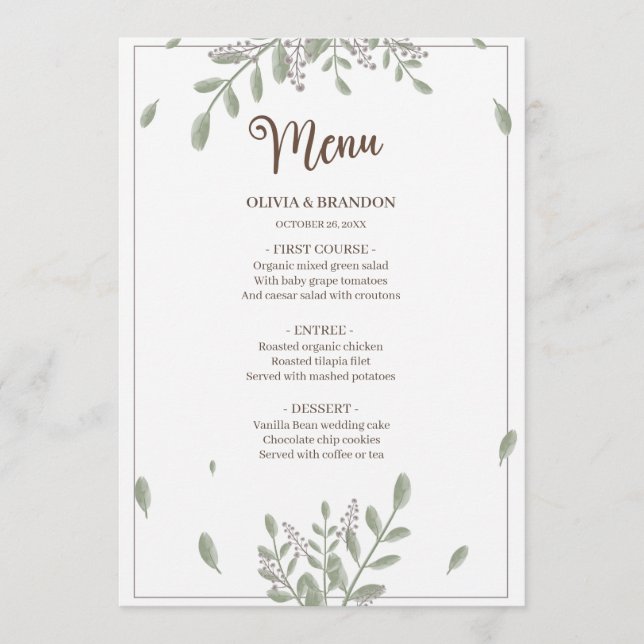 Menu Verdure minimaliste avec Mariage d'aquarelle (Devant)