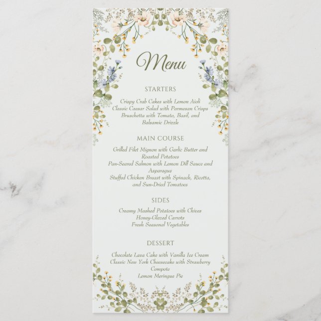 Menu Vert Elégant Fleur sauvage Pastel Mariage (Devant)