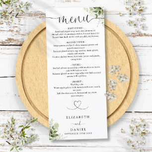 Menu Vert Floral Heart Script Dîner Mariage