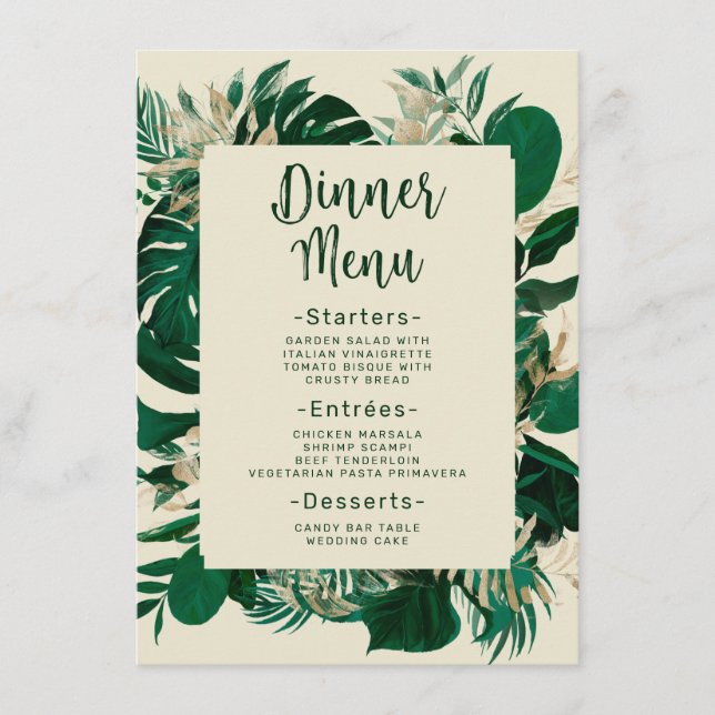 Menu Vert moderne Dîner Mariage tropical Feuille (Devant)