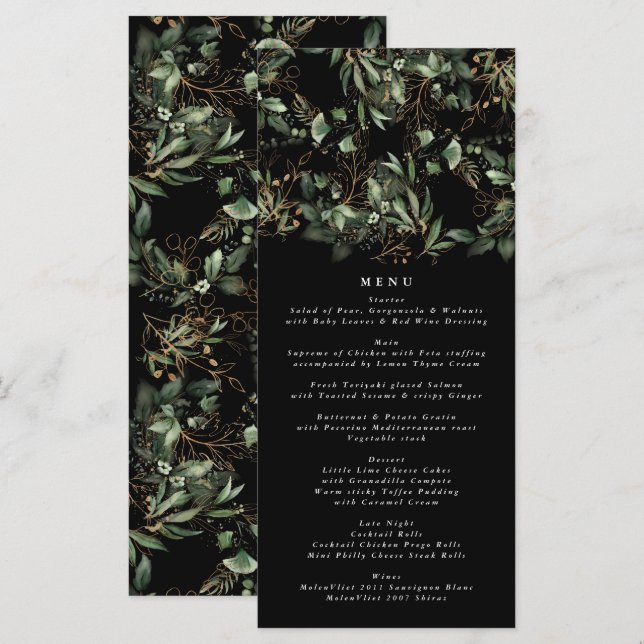 Menu Vert noir Botanique Eucalyptus Mariage moderne (Devant / Derrière)